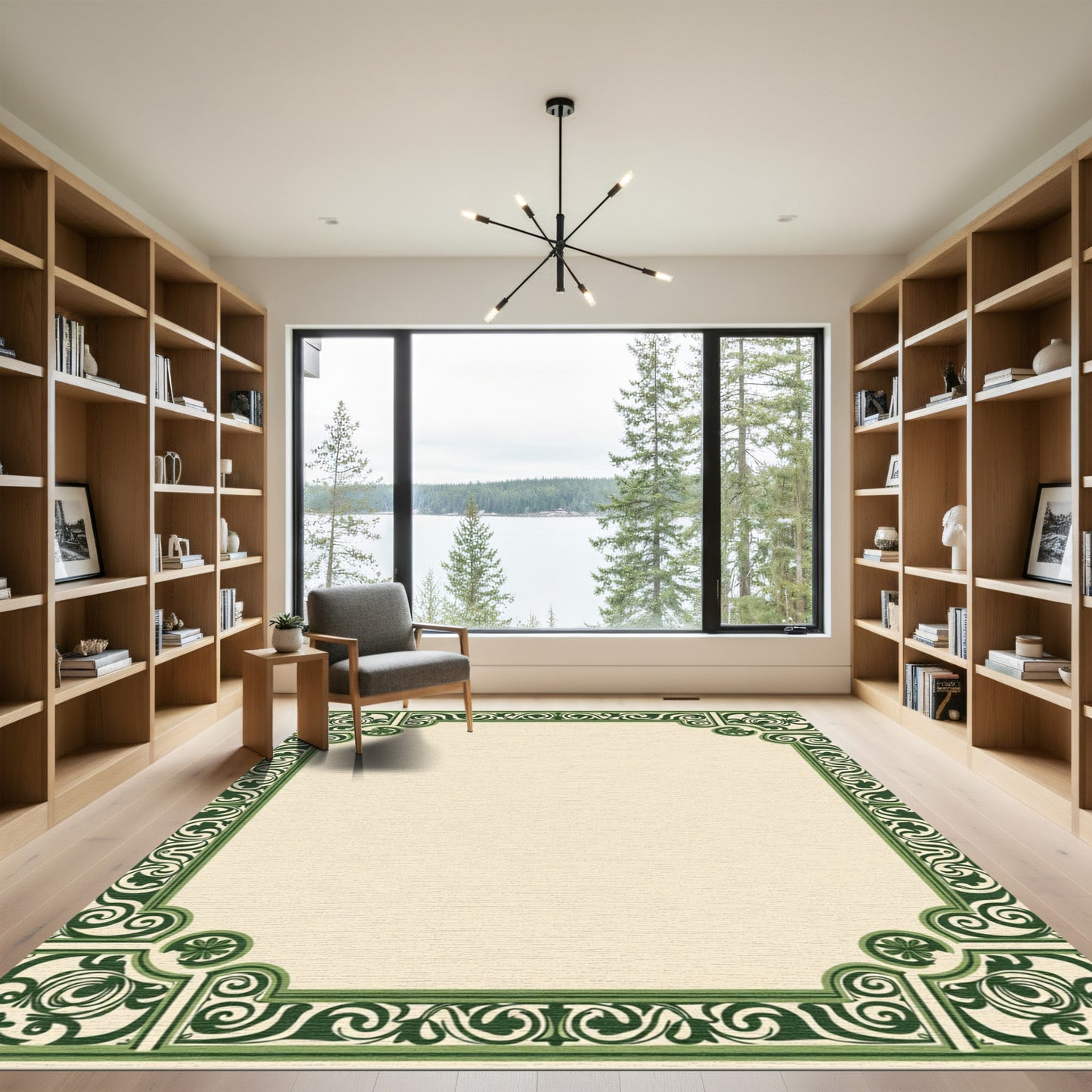 Verdant Flourish Scrollwork Border Rug