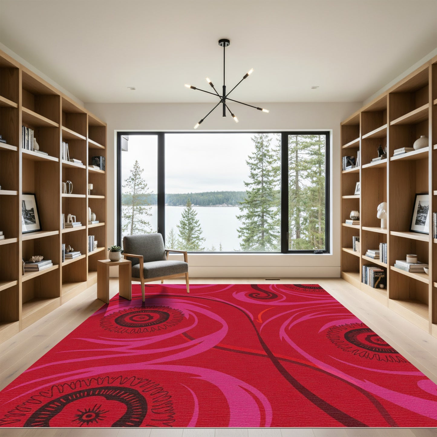 Bold Red Floral Swirl Composition Rug