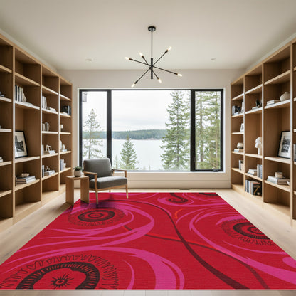 Bold Red Floral Swirl Composition Rug
