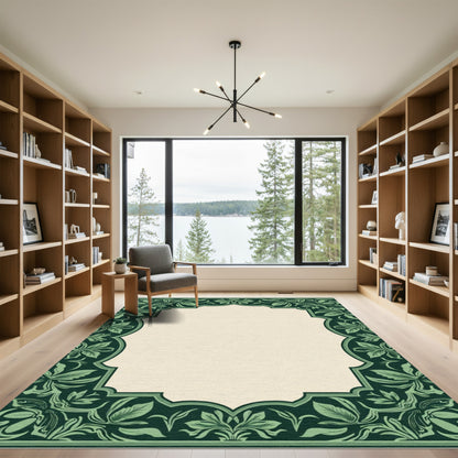Dark Green Leafy Scroll Border Rug