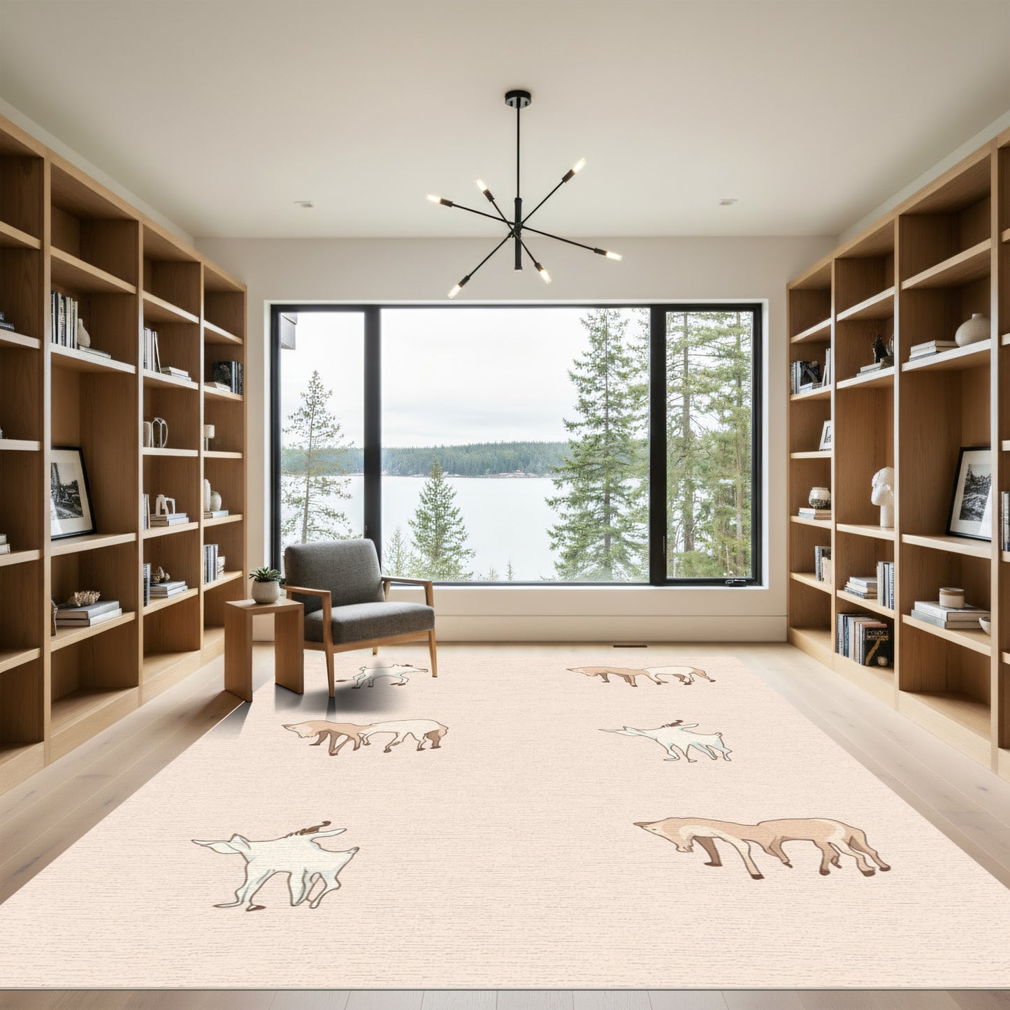 Whimsical White Tan Goats Composition Rug