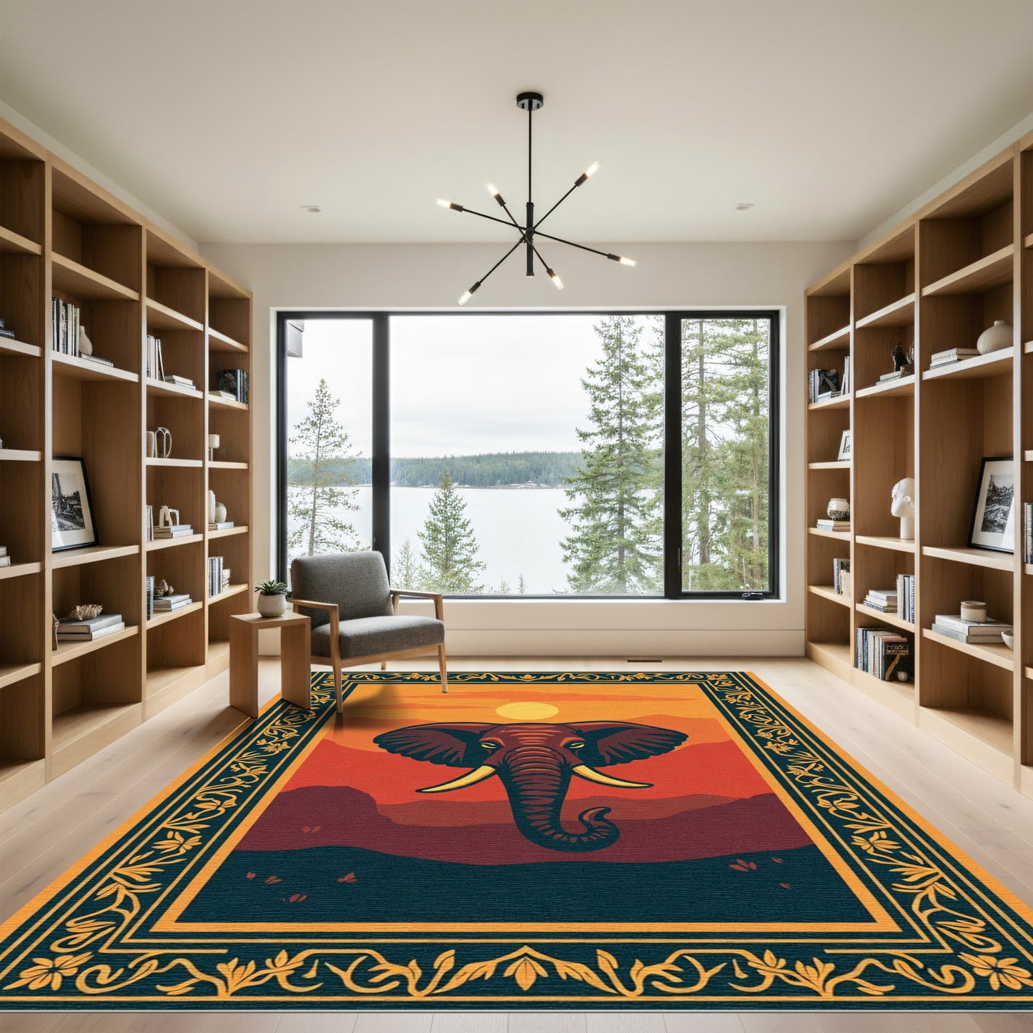 Sunset Elephant Landscape Border Rug