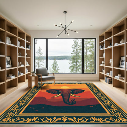 Sunset Elephant Landscape Border Rug