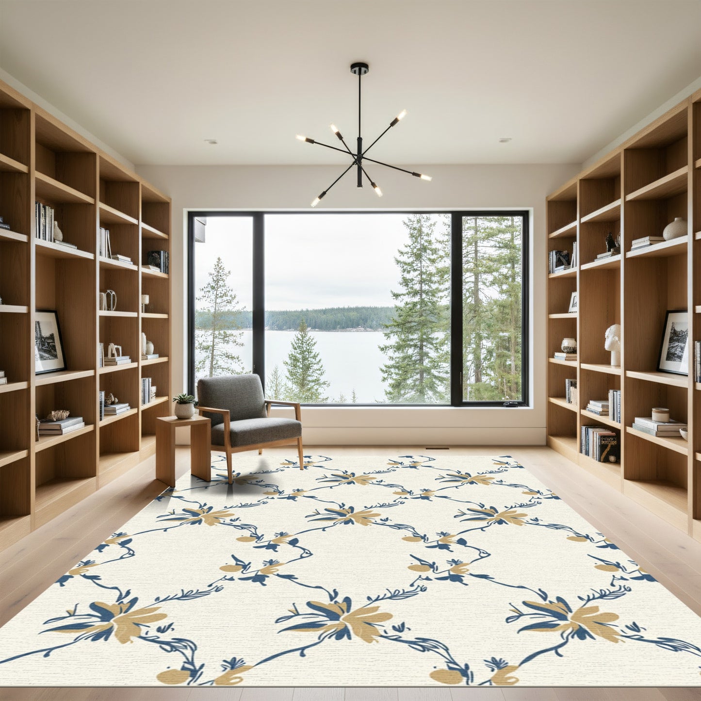 Cream Blue Gold Floral Vine Rug