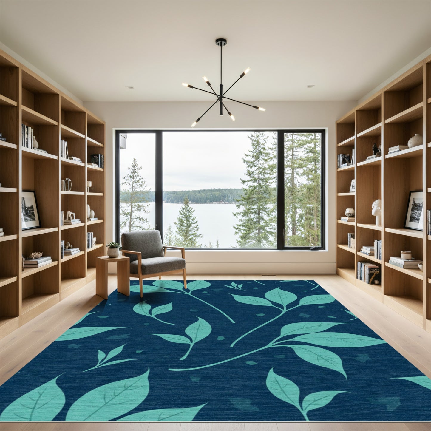 Teal Leafy Branches on Deep Blue Rug