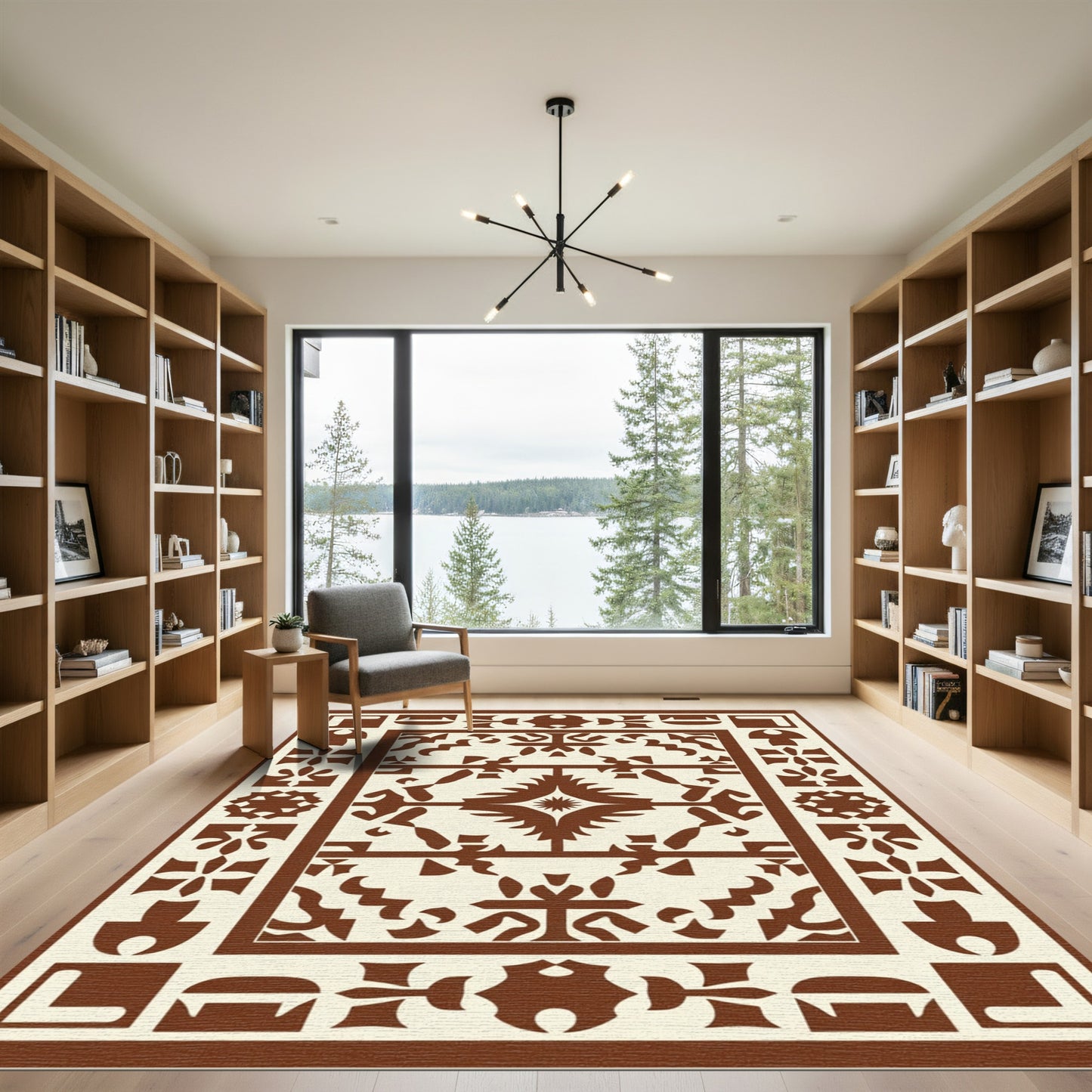 Brown and Cream Geometric Folk Rug