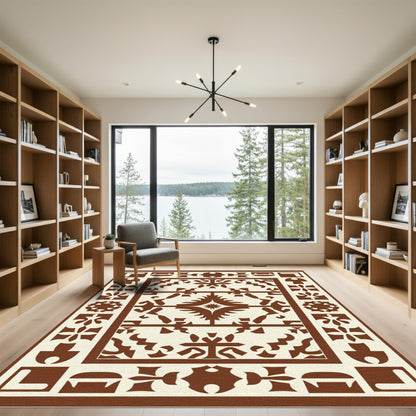 Brown and Cream Geometric Folk Rug