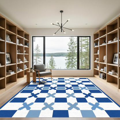 Deep Blue White Geometric Squares Rug