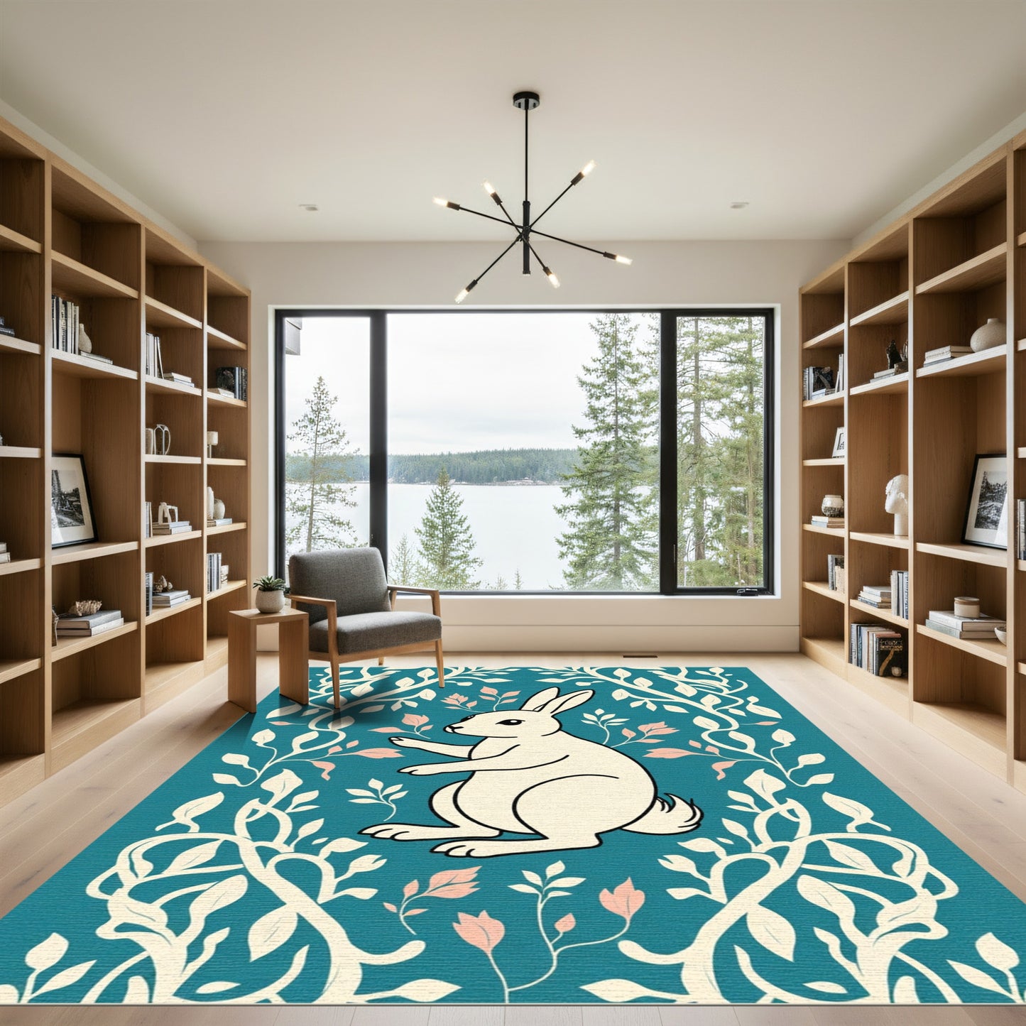 Cream Rabbit Teal Botanical Frame Rug