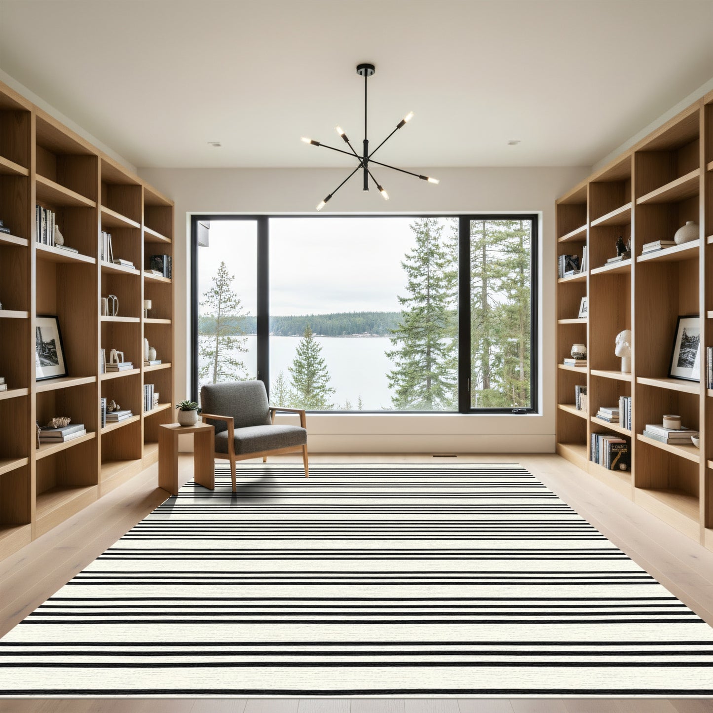 Modern Black Cream Striped Rug