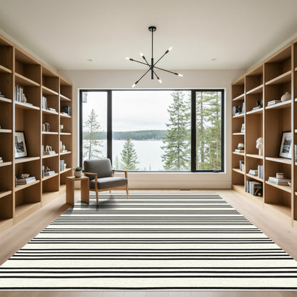 Modern Black Cream Striped Rug