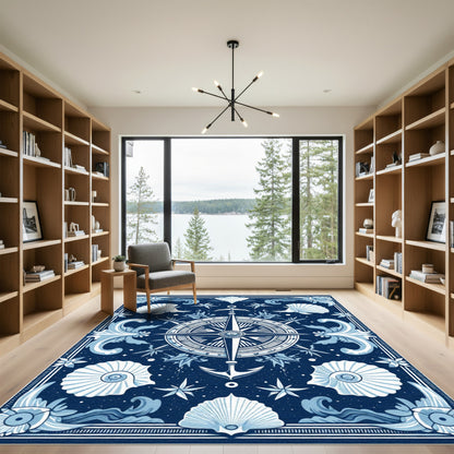 Nautical Compass Seashell Starfish Blue Rug