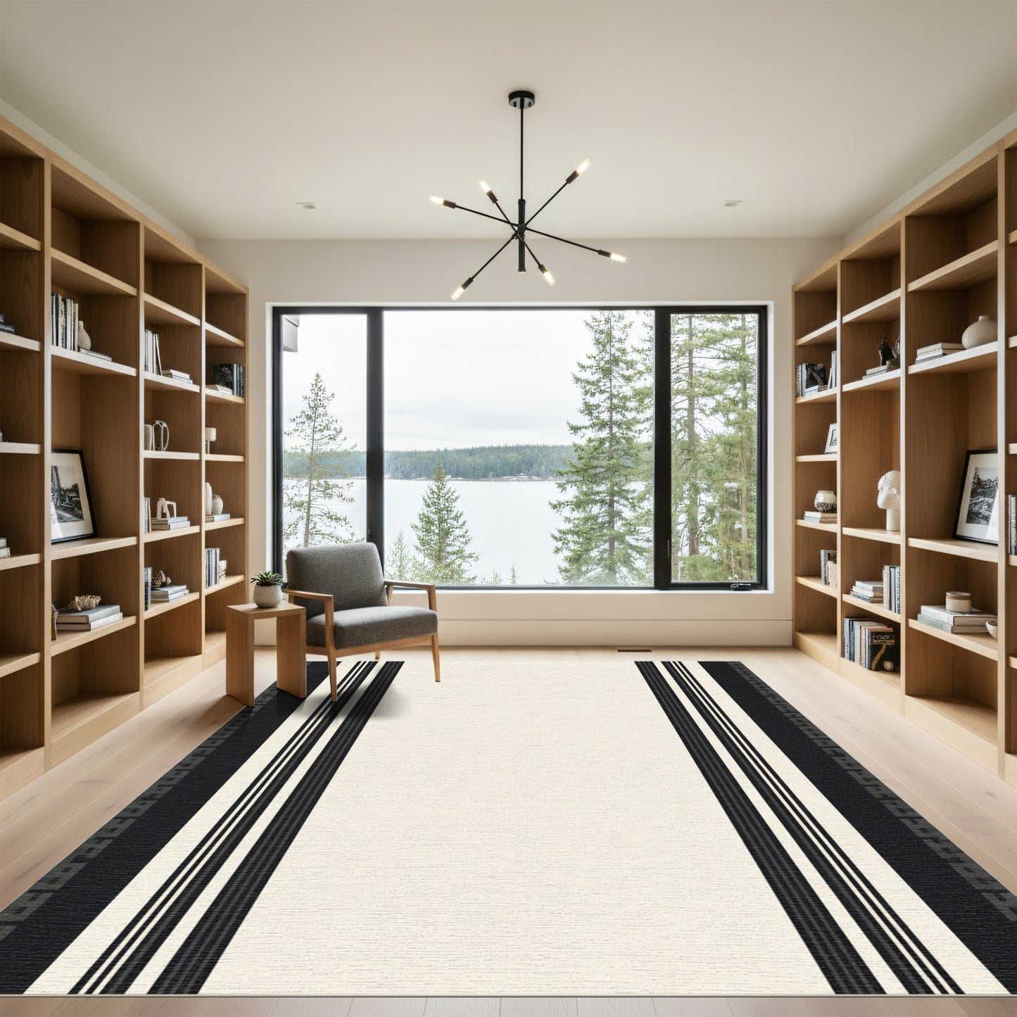 Modern Black White Striped Geometric Rug