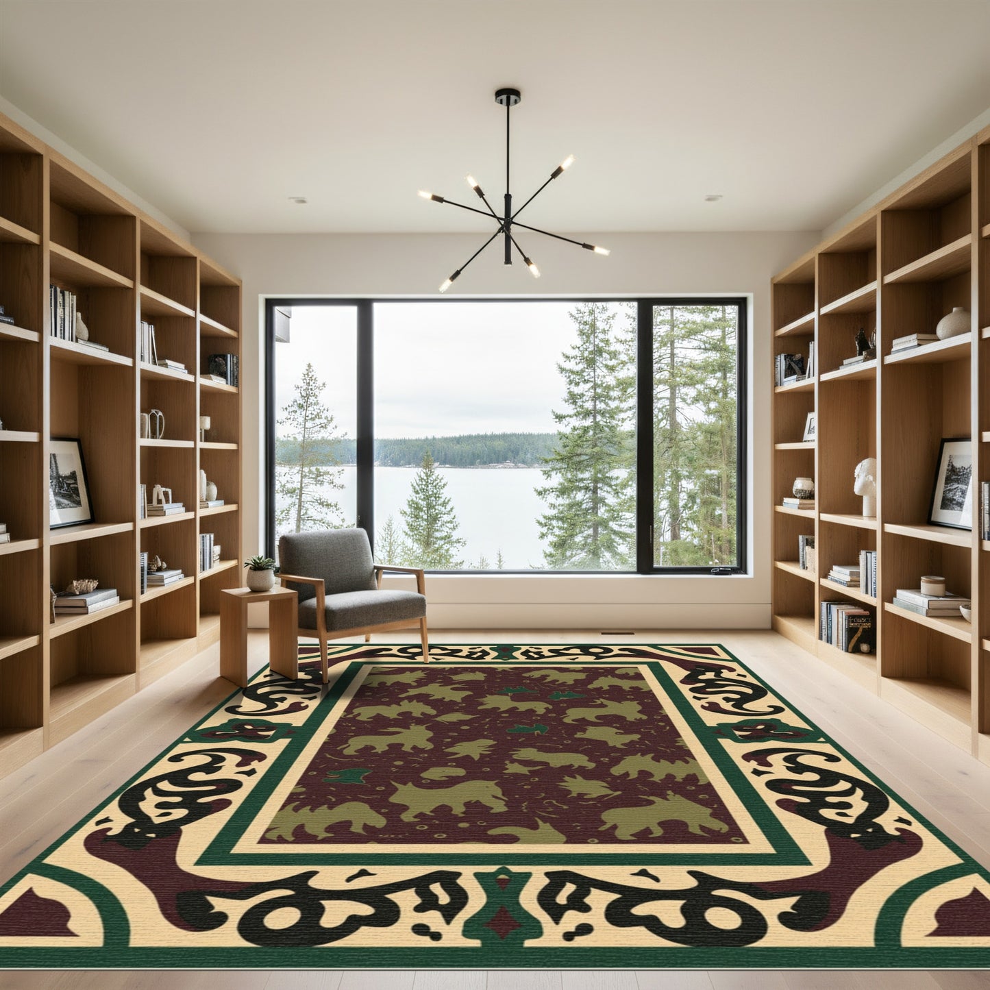 Rich Burgundy Animal Silhouettes Border Rug