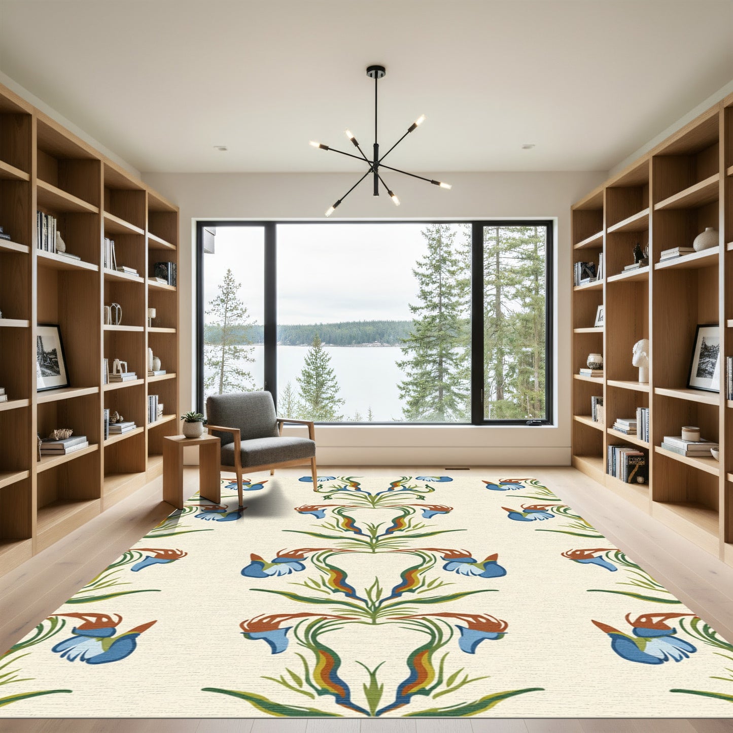 Retro Blue Floral Vine Symmetry Rug