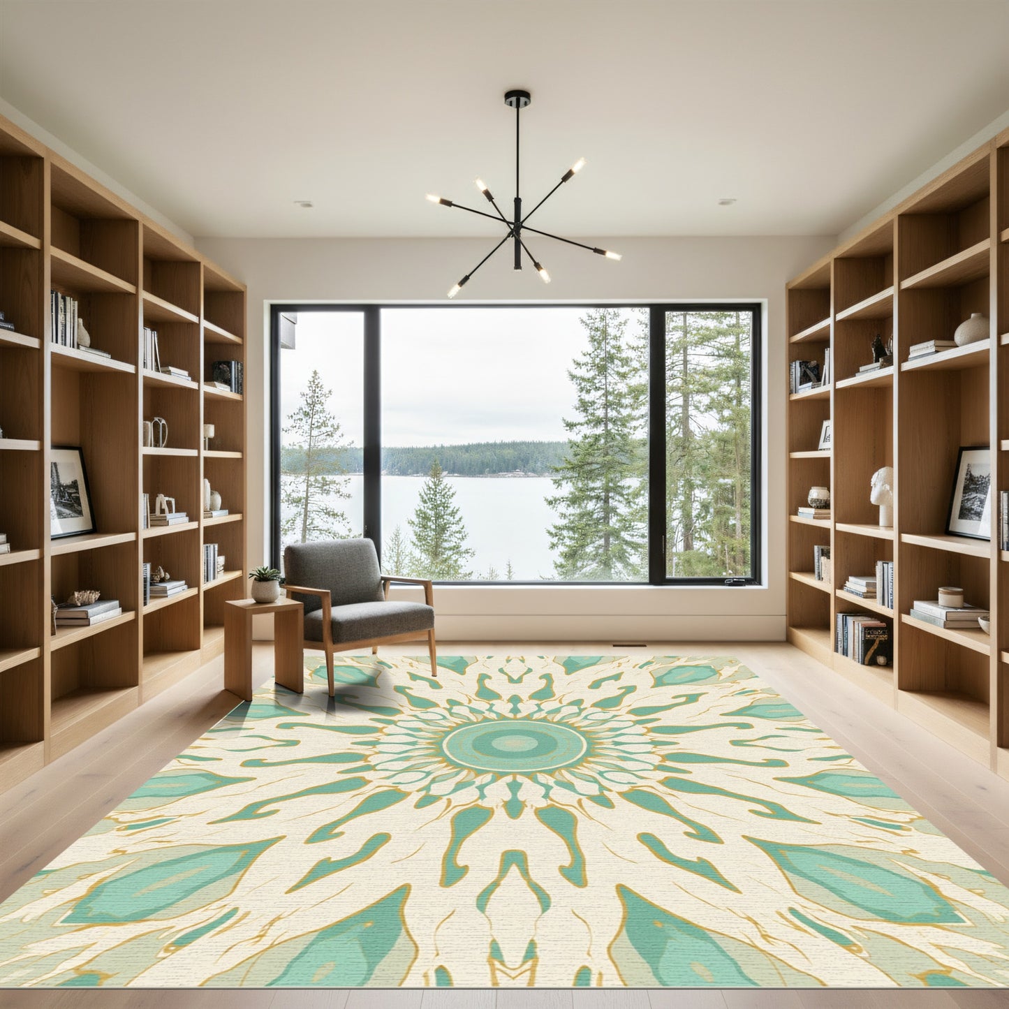Pale Aqua Gold Sunburst Mandala Rug