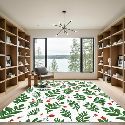 Green Leaf Red Bud Botanical Pattern Rug