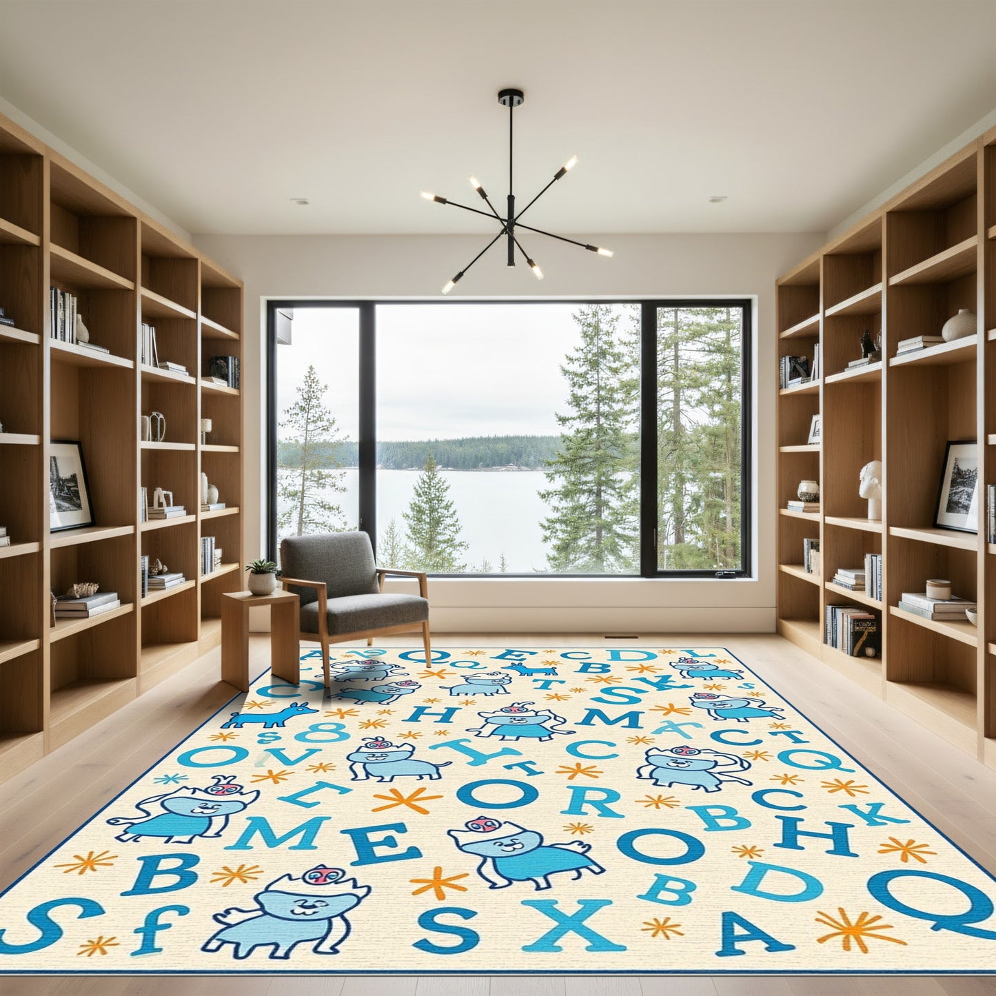 Cute Blue Cartoon Animals Alphabet Layout Rug