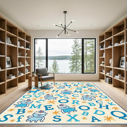 Cute Blue Cartoon Animals Alphabet Layout Rug