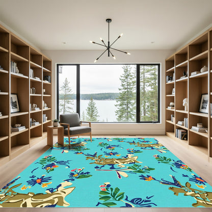 Whimsical Teal Floral Fawn Meadow Rug