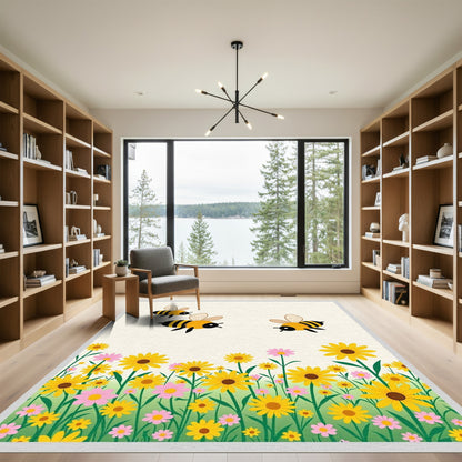Whimsical Yellow Flower Bee Meadow Rug
