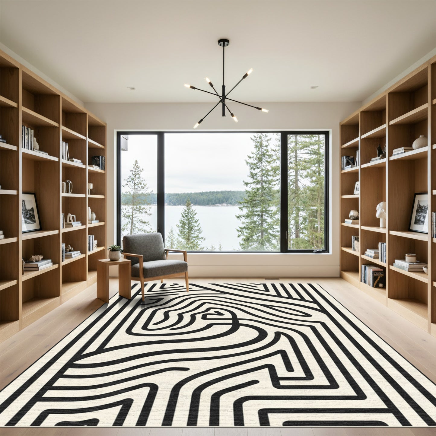 Black Cream Abstract Line Maze Rug