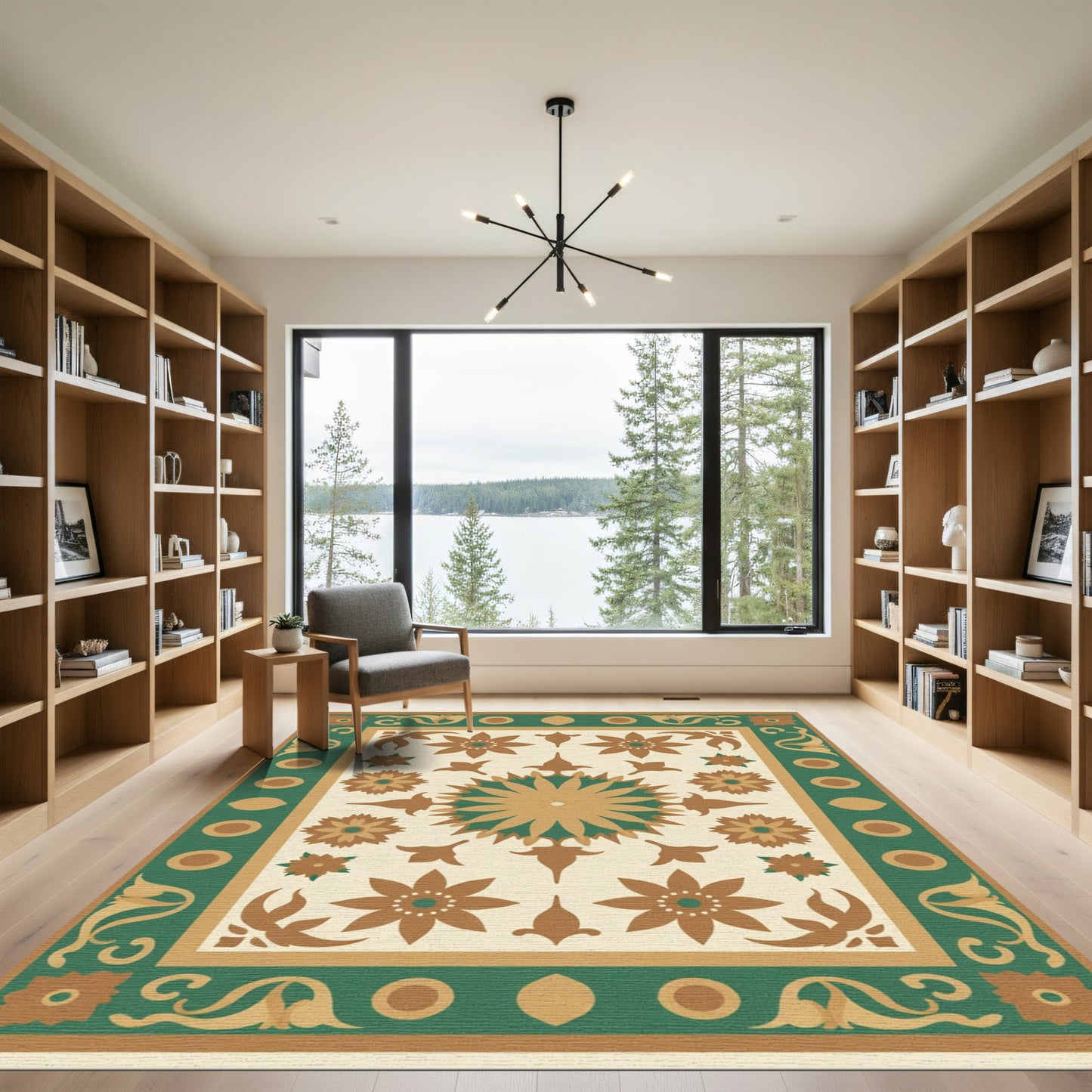 Golden Green Floral Medallion Motif Rug