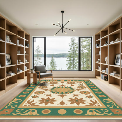 Golden Green Floral Medallion Motif Rug