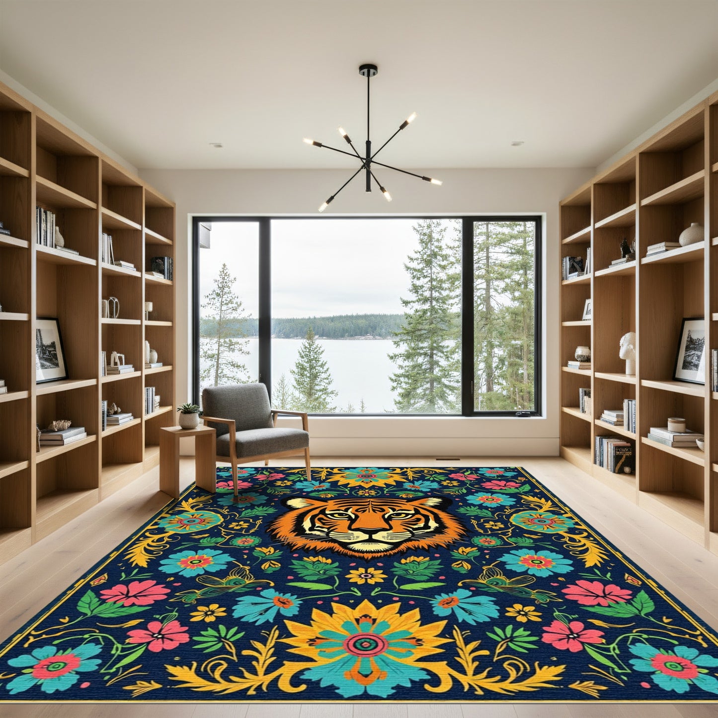 Vibrant Blue Tiger Floral Tapestry Rug
