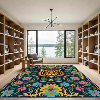 Vibrant Blue Tiger Floral Tapestry Rug