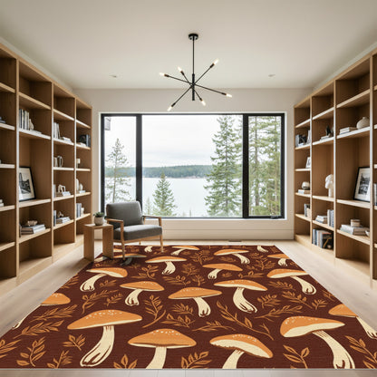 Earthy Brown Mushroom Leafy Pattern Rug