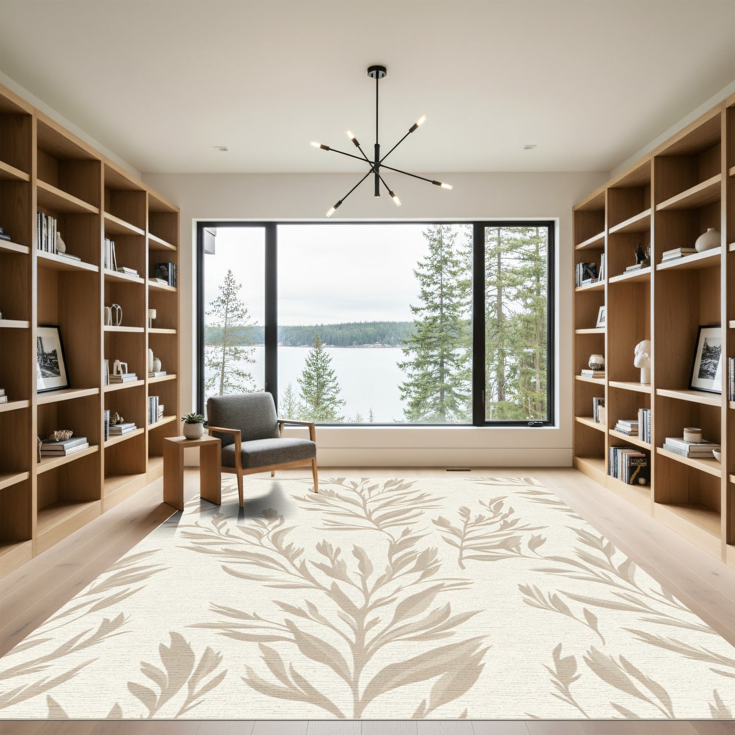 Neutral Tan Botanical Branch Arrangement Rug