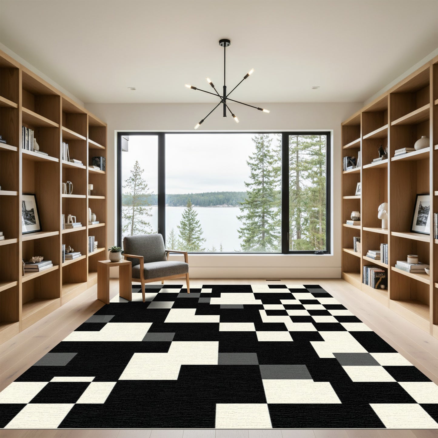 Monochrome Geometric Square Composition Rug