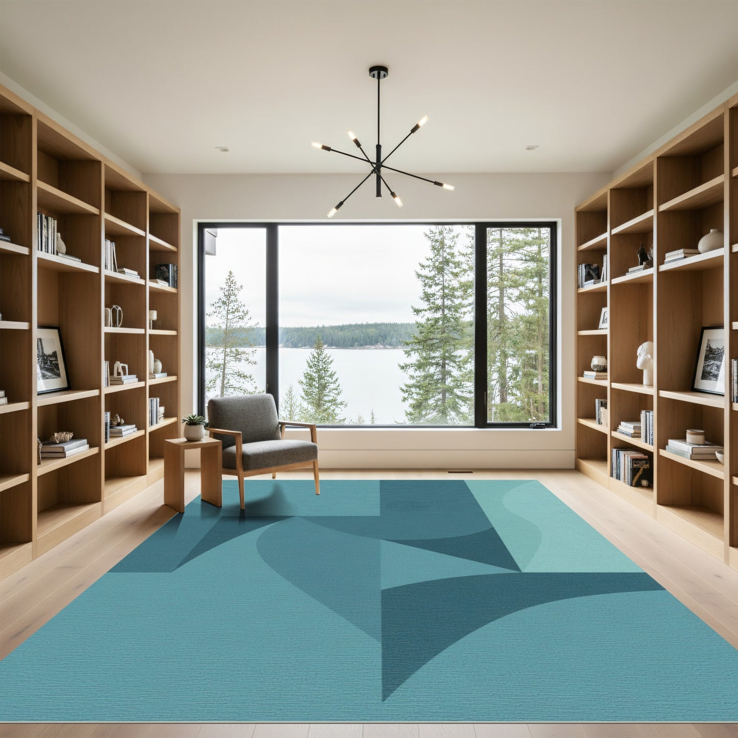 Teal Abstract Geometric Curve Composition Rug