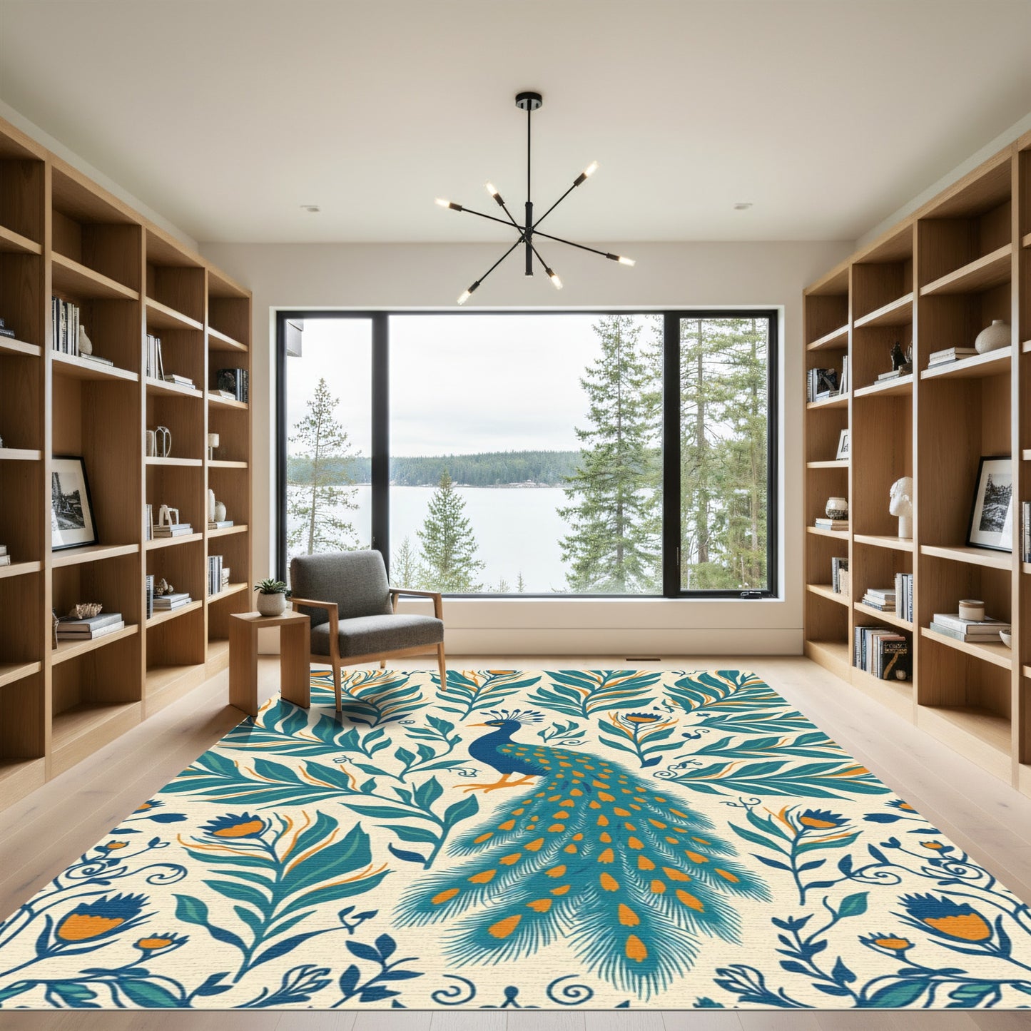 Blue Peacock Teal Orange Floral Artistry Rug