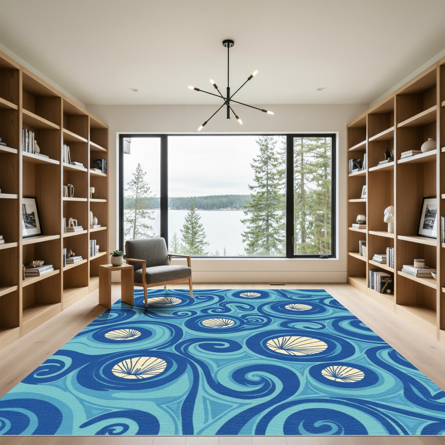 Azure Swirling Circles Fan Shell Rug