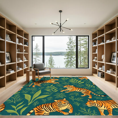 Orange Tigers Green Jungle Ferns Rug