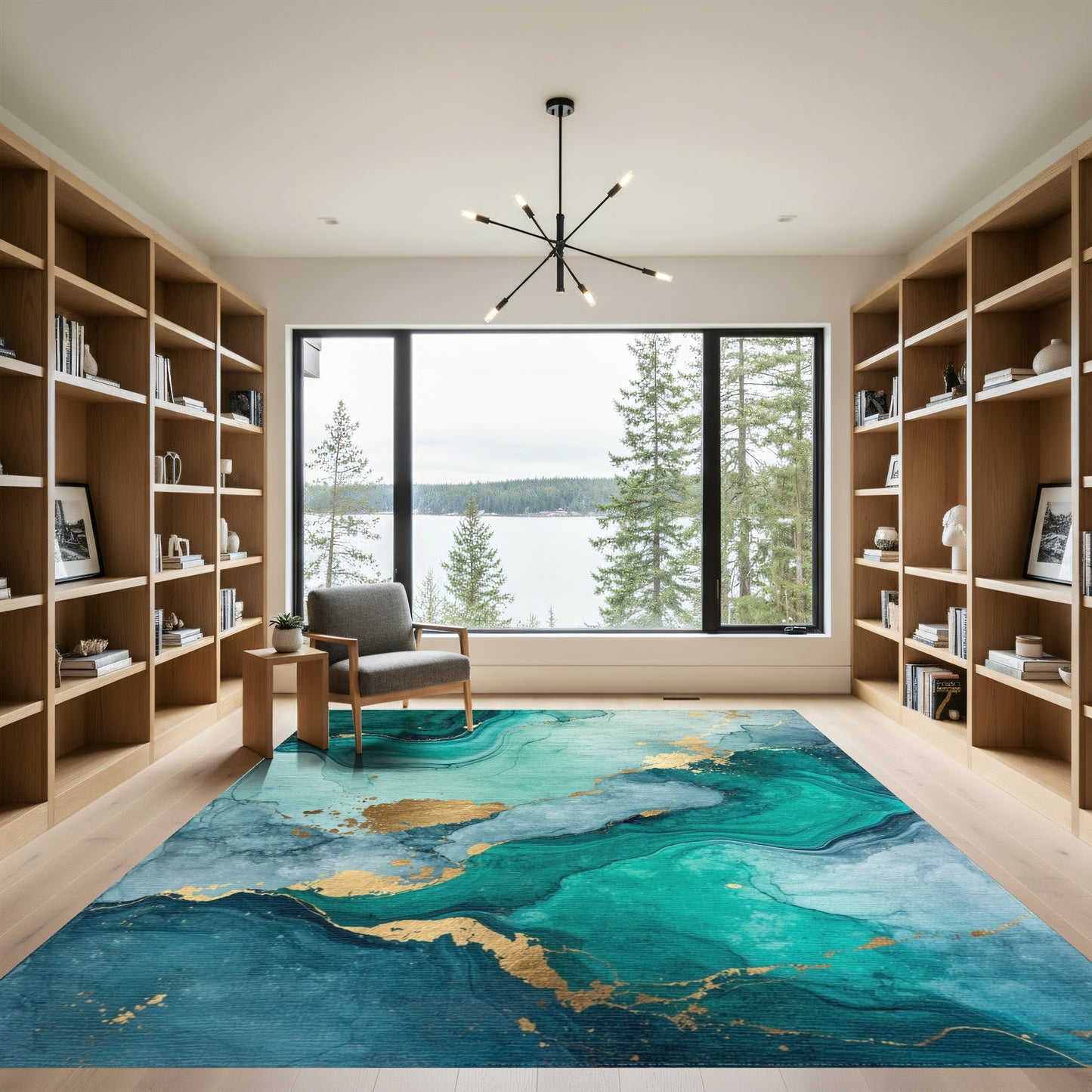 Emerald Teal Gold Fluid Marble Rug