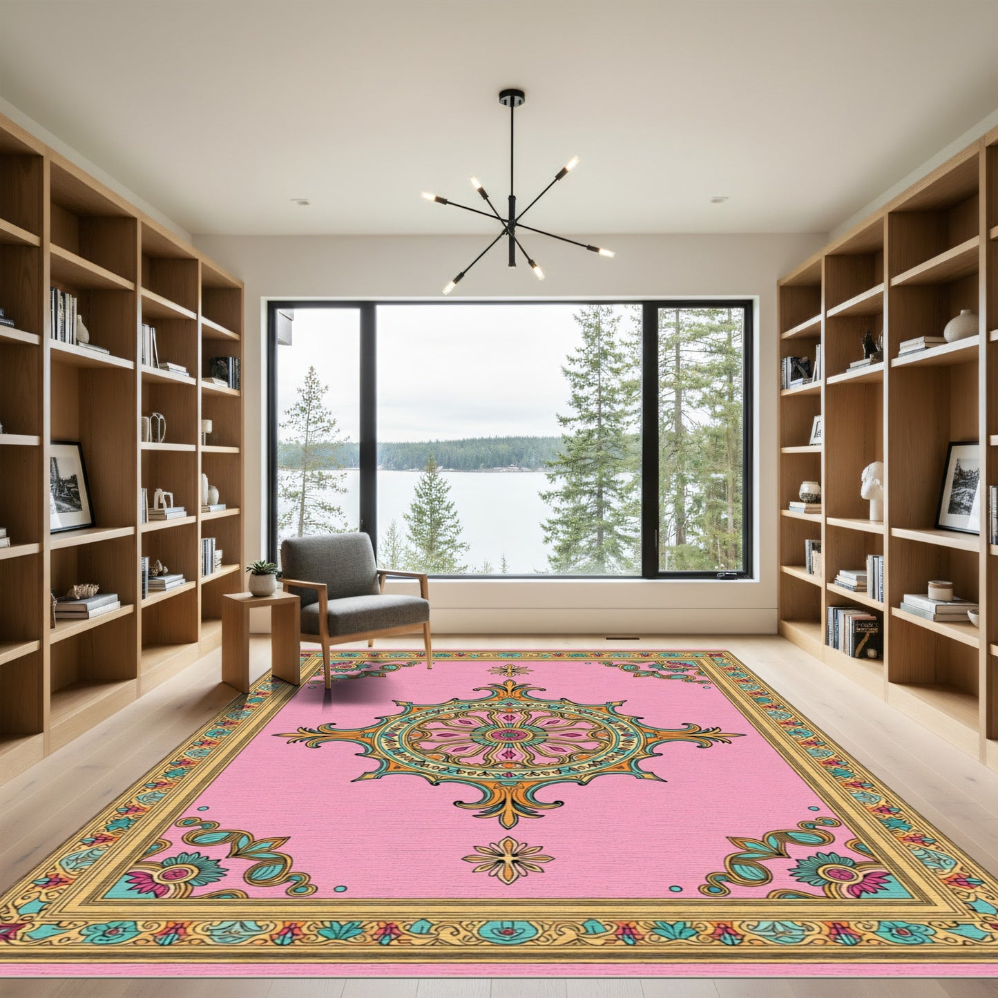 Ornate Pink Floral Medallion Border Rug
