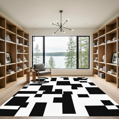 Bold Black White Geometric Composition Rug