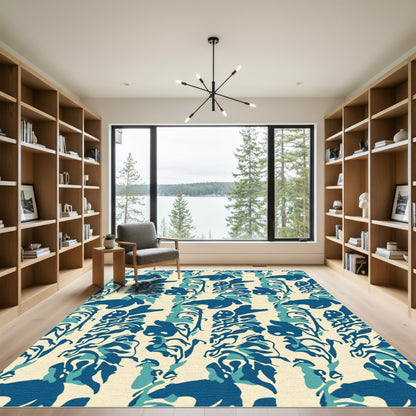Deep Blue Abstract Botanical Stripe Rug