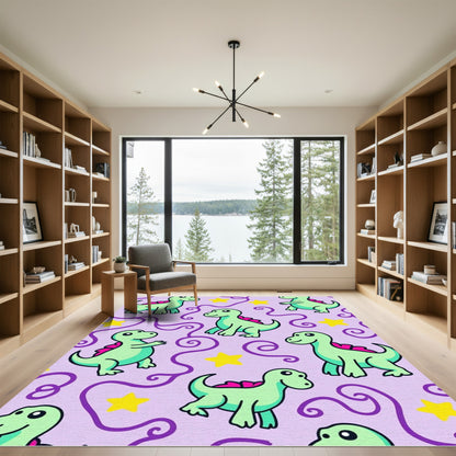 Cute Mint Dinosaur Purple Swirls Yellow Stars Rug