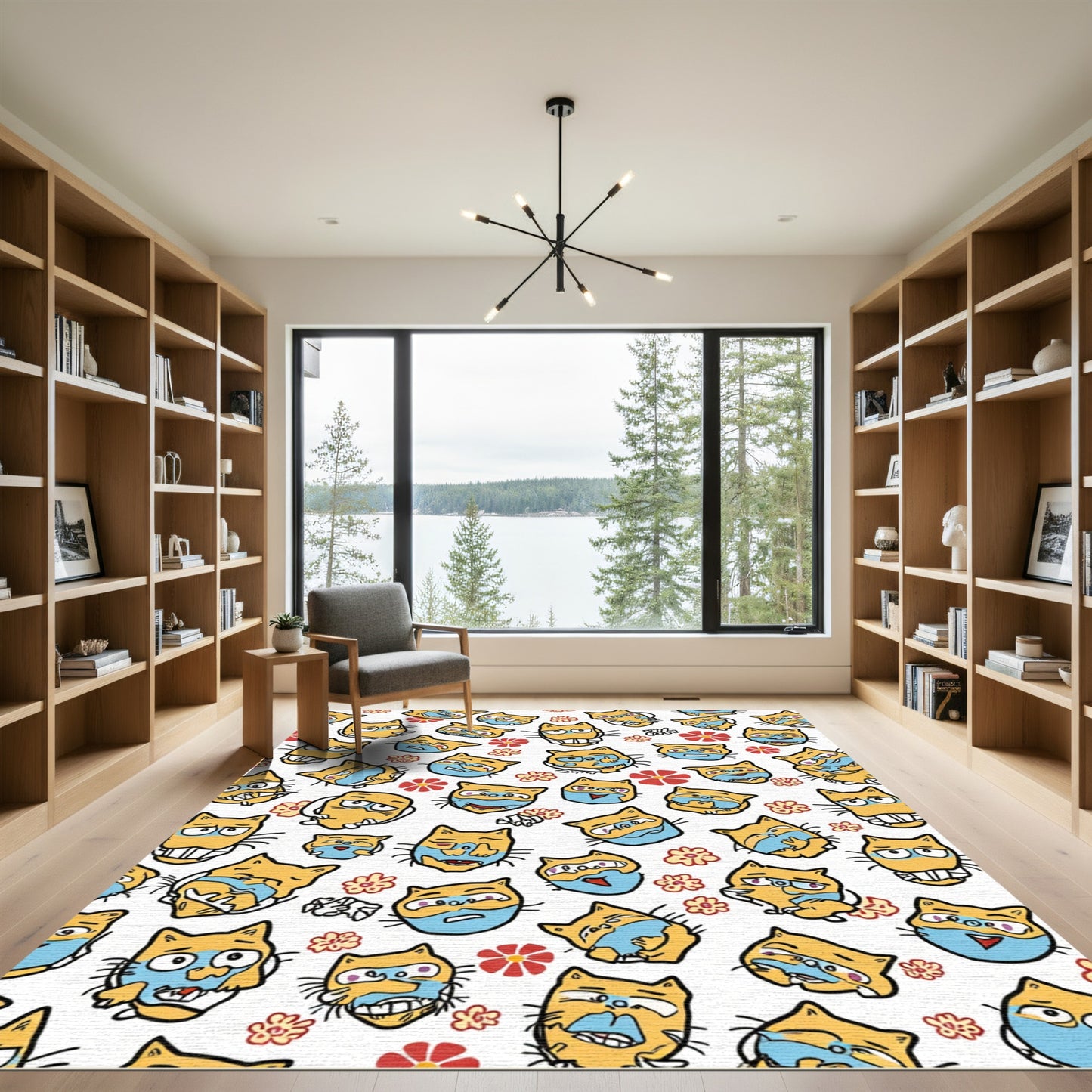 Wacky Yellow Blue Cat Faces Rug