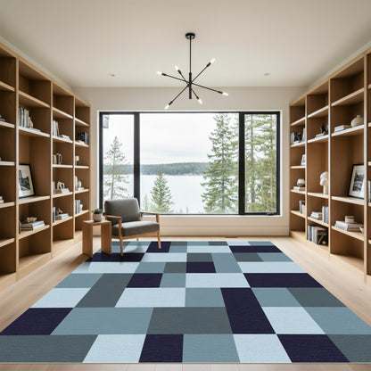 Cool Navy Blue Geometric Blocks Rug