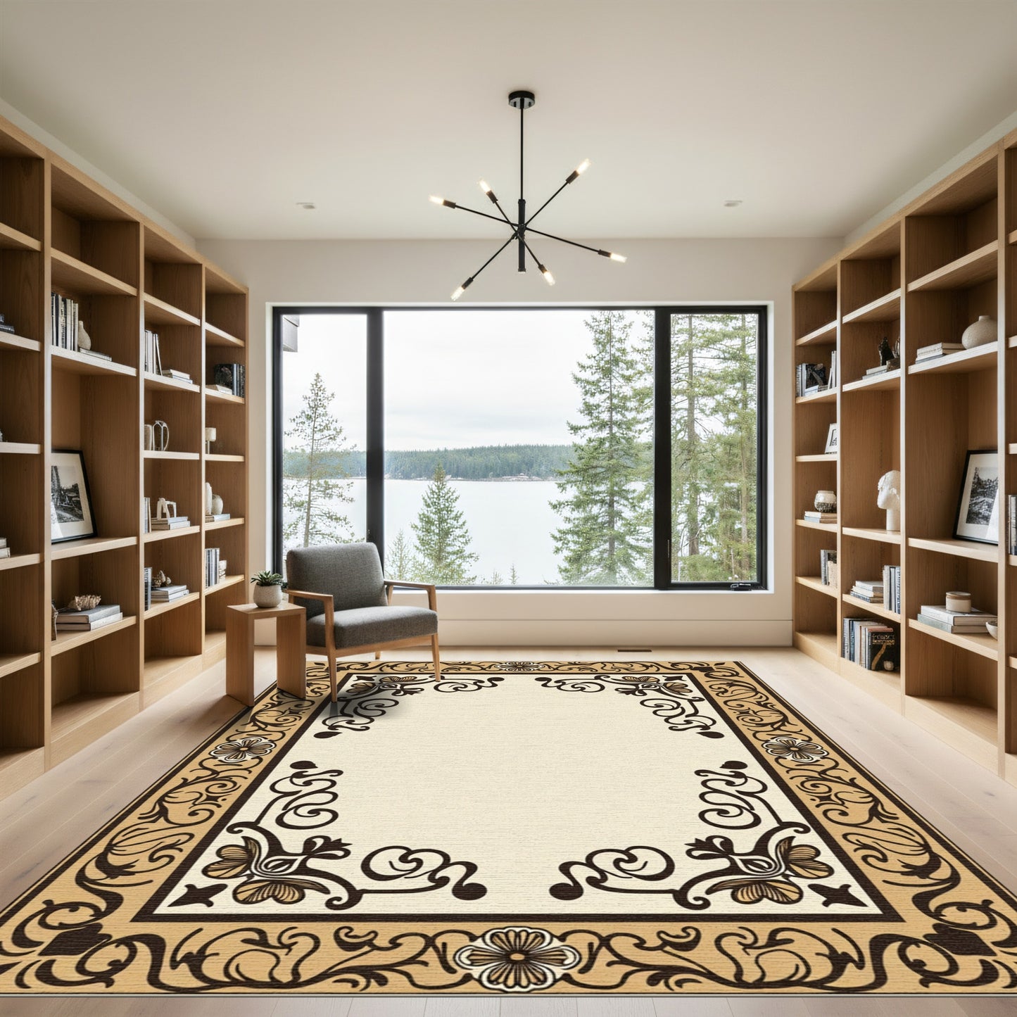 Vintage Beige Floral Scroll Border Rug