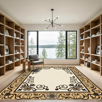 Vintage Beige Floral Scroll Border Rug