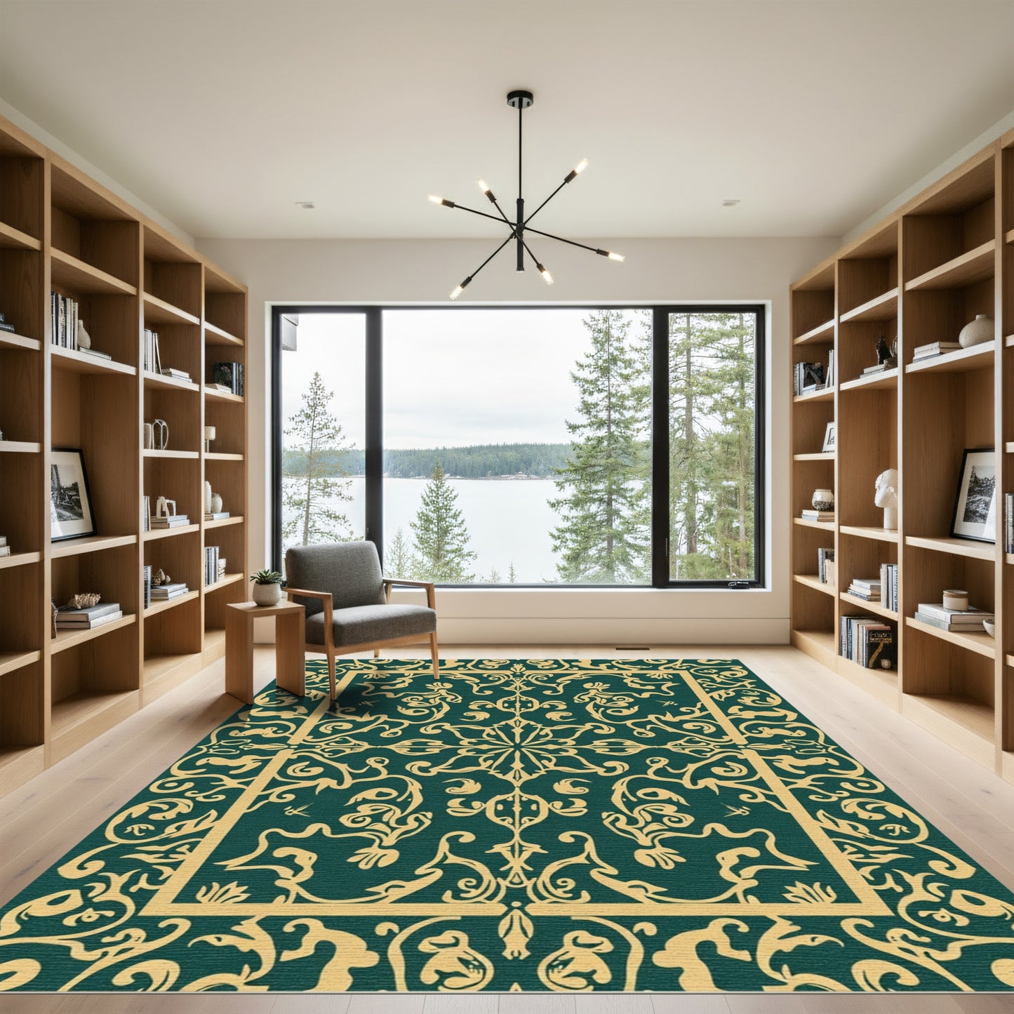 Deep Emerald Golden Rococo Square Rug