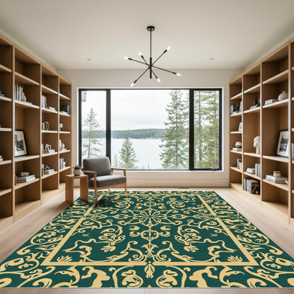 Deep Emerald Golden Rococo Square Rug