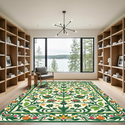 Green Floral Ivory Blossom Medallion Rug
