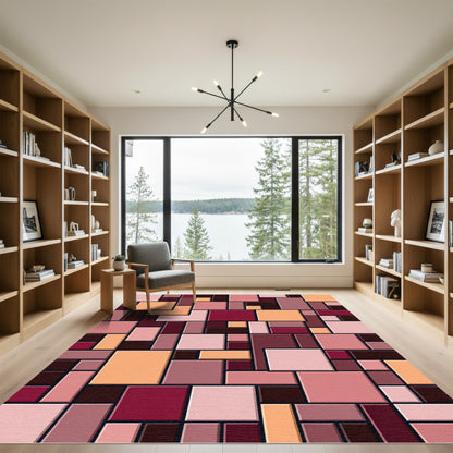 Terracotta Pink Geometric Blocks Rug